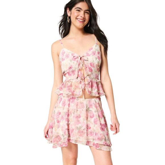 Hollister Pink Floral Ruffle Chiffon Mini Skirt XS - Picture 1 of 8